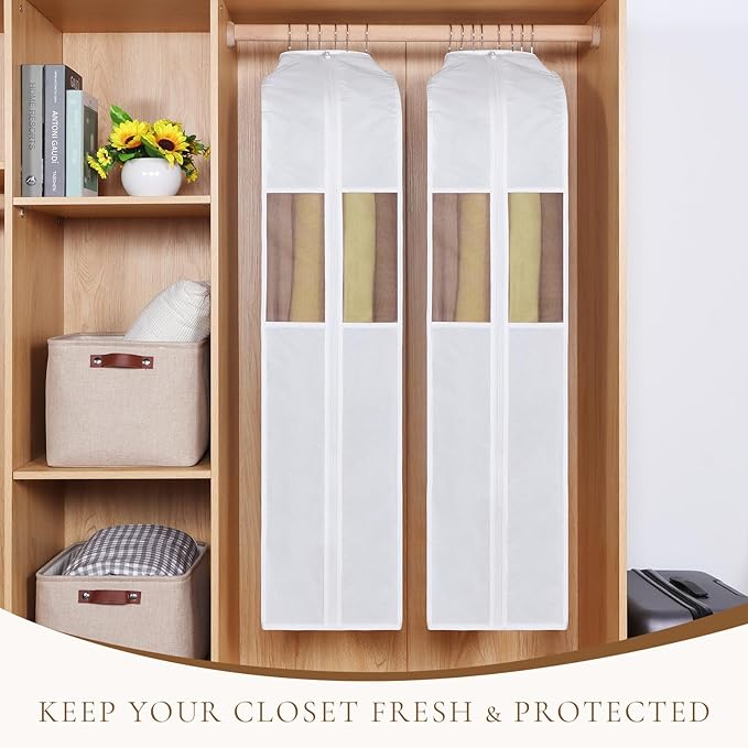 Univivi Premium Cotton Garment Bags for Hanging Clothes and Storage, 50 Inch Washable Suit Cover Bag with Extra Large 10" Gusset & Clear Window - Perfect for Suits, Coats, Jackets - 2 Pack