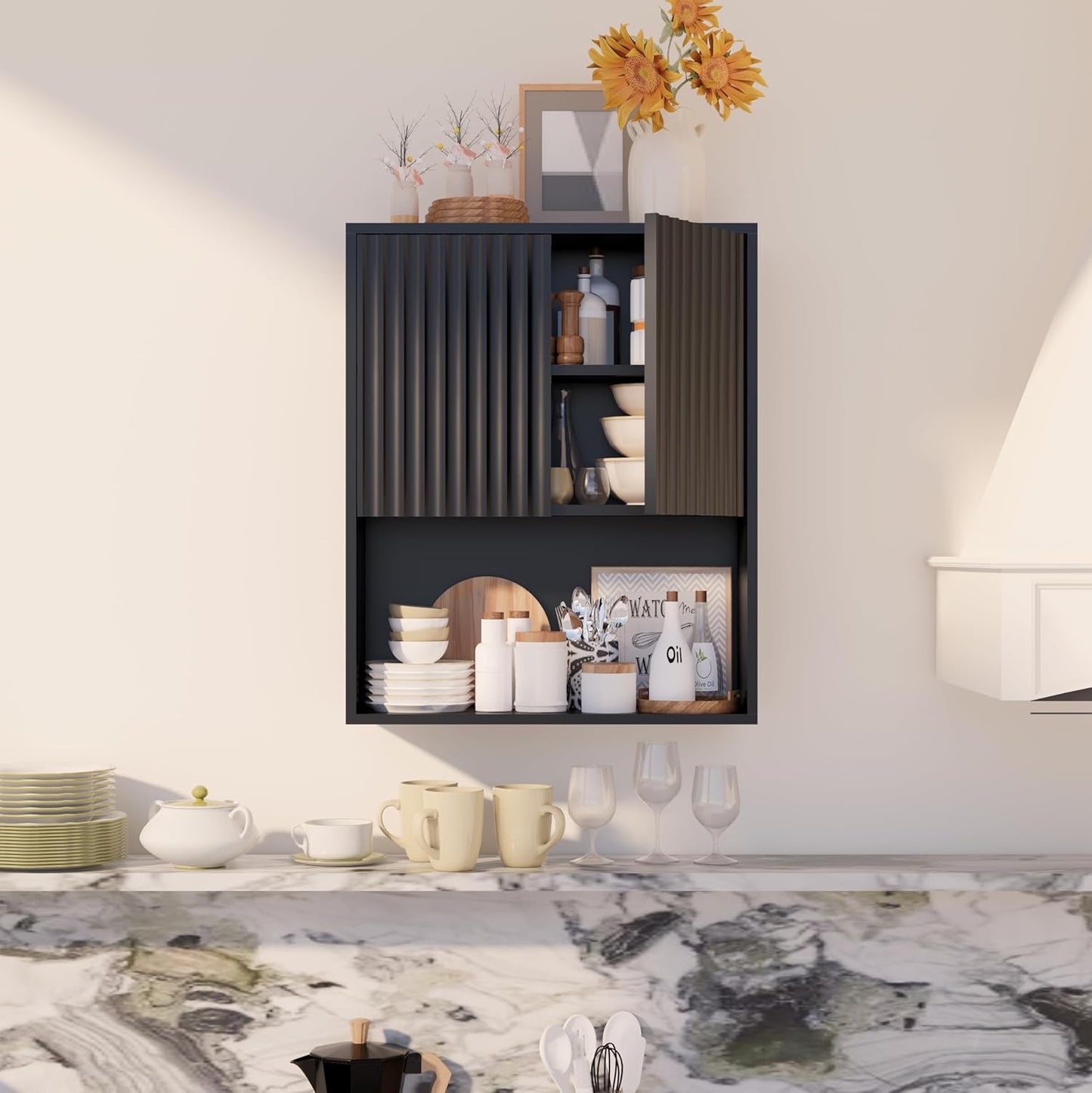 Fluted Bathroom Wall Cabinet,Medicine Cabinet with Adjustable Shelf,Over The Toilet Storage Cabinet for Laundry,Hanging Cabinet,Kitchen and Living Room Cabinets (Black)