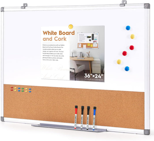 S SWANCROWN Magnetic Dry Erase and Cork Board Combo Hanging Whiteboard Notice Board for Wall Gift Home School Office, 36 x 24 Inches, with Maker/Pins/PenTray/Hooks