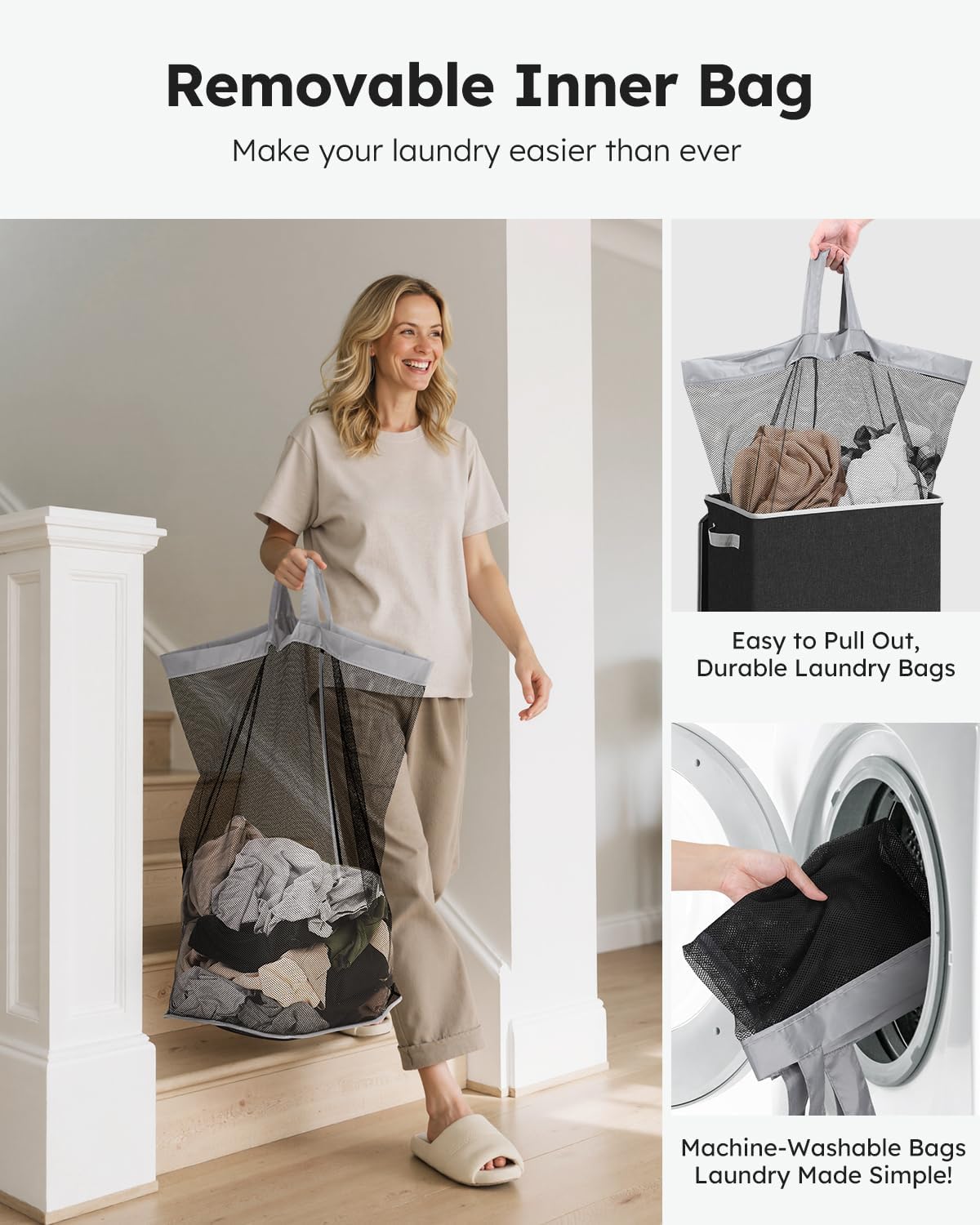 SOLEDI Laundry Hamper with Lid 90L Large & Tall Collapsible Laundry Basket, Clothes Hamper with Bag Removable Easy to Carry, Dirty Hampers for Bedroom, Bathroom, Dorm, College, Dark Grey