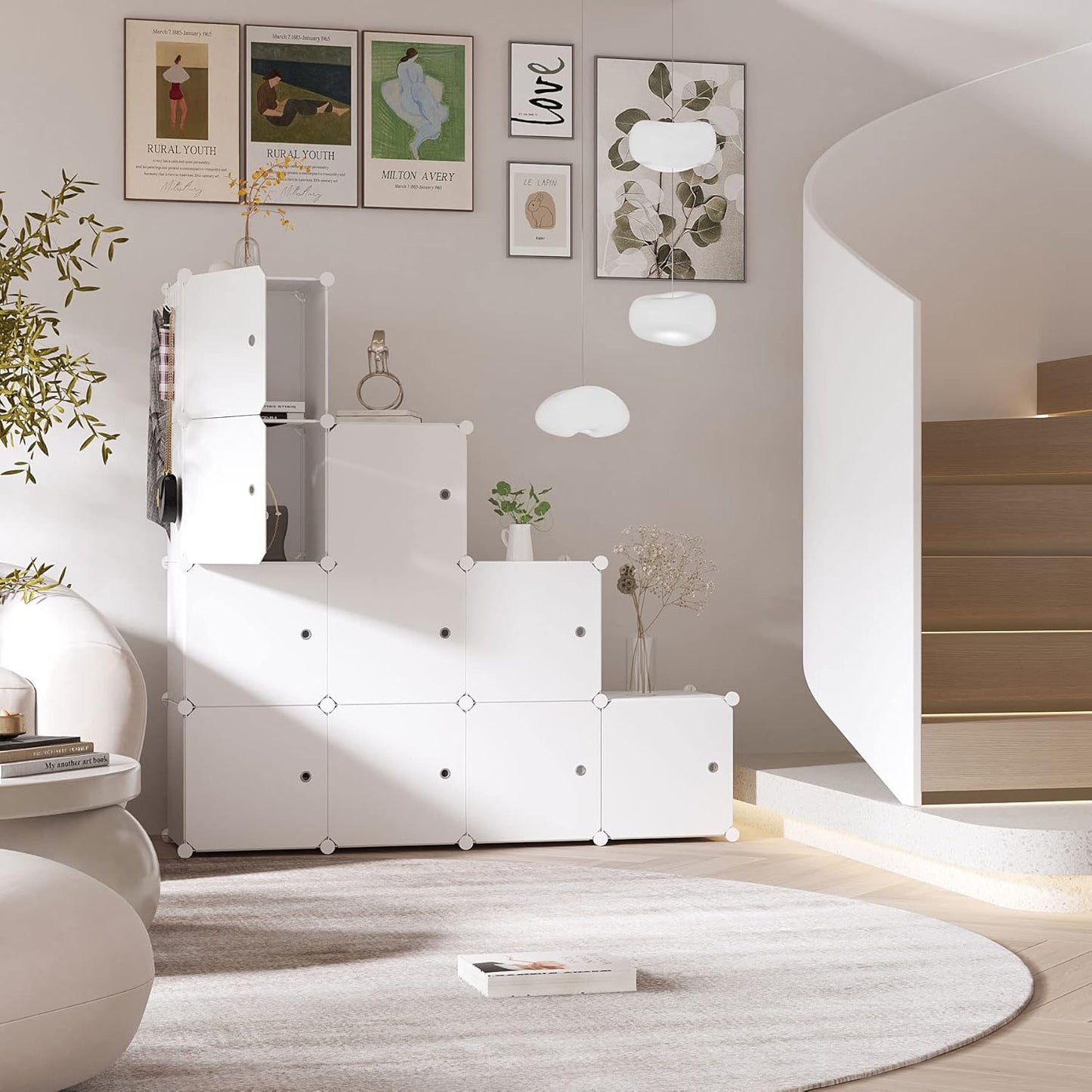 C&AHOME Cube Storage Organizer with Doors, 12-Cube Shelves, Closet Cabinet, DIY Plastic Modular Bookshelf Ideal for Bedroom, Living Room, 36.6”L x 12.4”W x 48.4”H Milky USHS3012M-DOOR