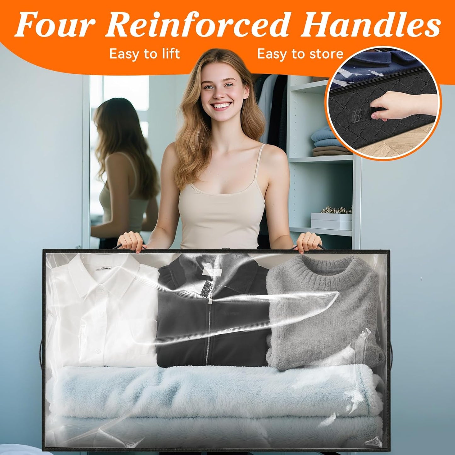 SpaceWhisper 90L Under Bed Storage Containers, 4-Pack Storage Bins with Clear Top, Foldable Closet Organizers and Storage with Label Holder for Clothing, Blankets, Comforter & Pillows(Black)