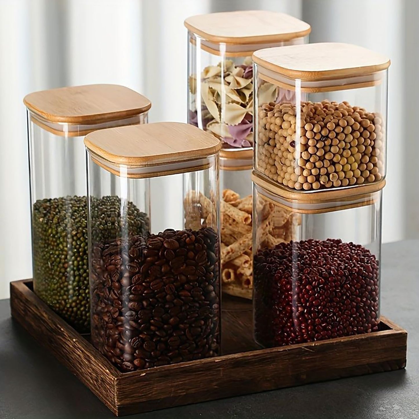 38+20 oz Glass Food Storage Jars with Airtight Lids, Clear Glass Jar with Bamboo Lid, Airtight Food Canister for Tea, Candy, Coffee, Sugar, Cookie, Snack. (Square | 5+6 Inch)