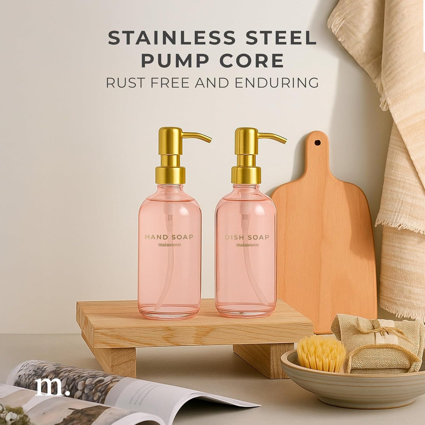 MaisoNovo Soap Dispenser 2-Piece Set | 16.9oz Pink Bottles with Gold Stainless Steel Pumps
