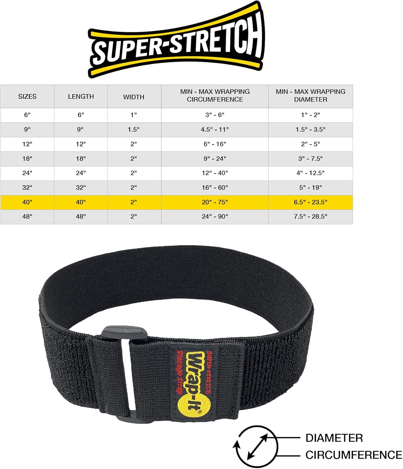 Super-Stretch Wrap-It Storage Straps, 40-in x 2-in (3-Pack) - Elastic Hook and Loop Cinch Straps - Pool Hose and Cable Straps, Garage and RV Storage Accessories