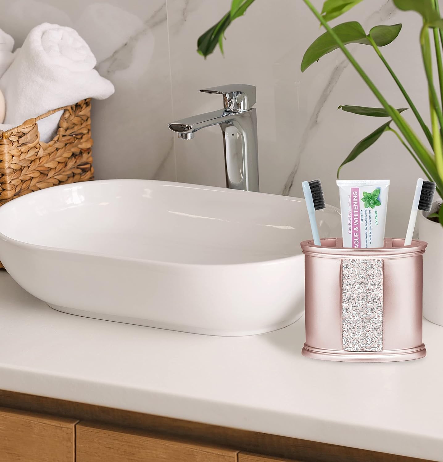 Zahari Home 4pc Sinatra Stylish Bathroom Accessories Set Liquid Soap Dispenser, Tumbler, Tooth Brush Holder and Soap Dish Modern Classic Luxury Decor Bling Mosaic Glass Blush Bathroom Accessories