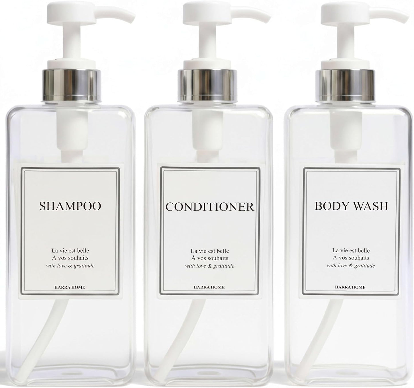 Modern Design 27 oz Shampoo and Conditioner Dispensers - Plastic Refillable Pump Bottle Set for Bathroom Shower Soap Dispenser, Gift Box Included, Set of 3 (Clear & Silver)