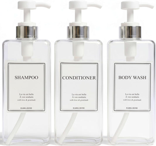 Modern Design 27 oz Shampoo and Conditioner Dispensers - Plastic Refillable Pump Bottle Set for Bathroom Shower Soap Dispenser, Gift Box Included, Set of 3 (Clear & Silver)