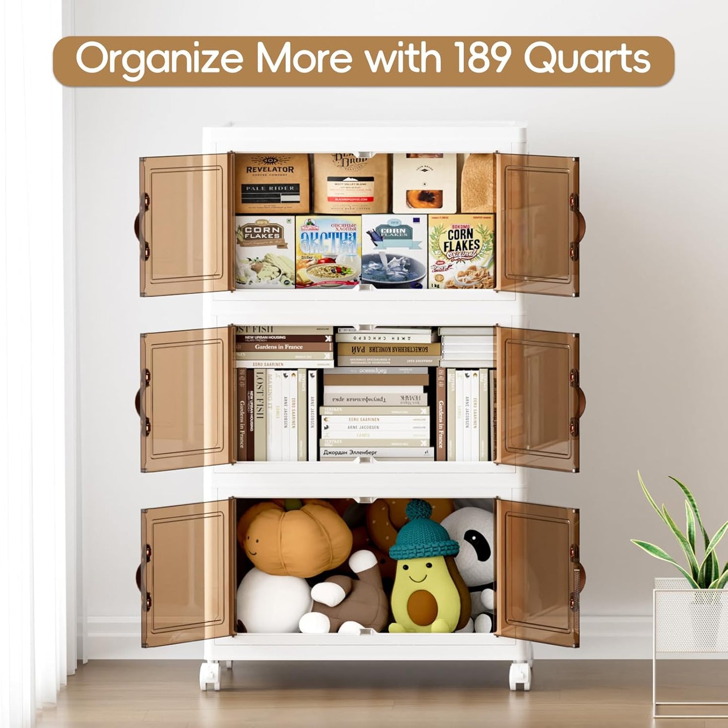 JEKO&JEKO 189Qt Stackable Storage Bins with Lids and Wheels, Foldable Collapsible Plastic Boxes for Clothes, Home, White, 3 Pack