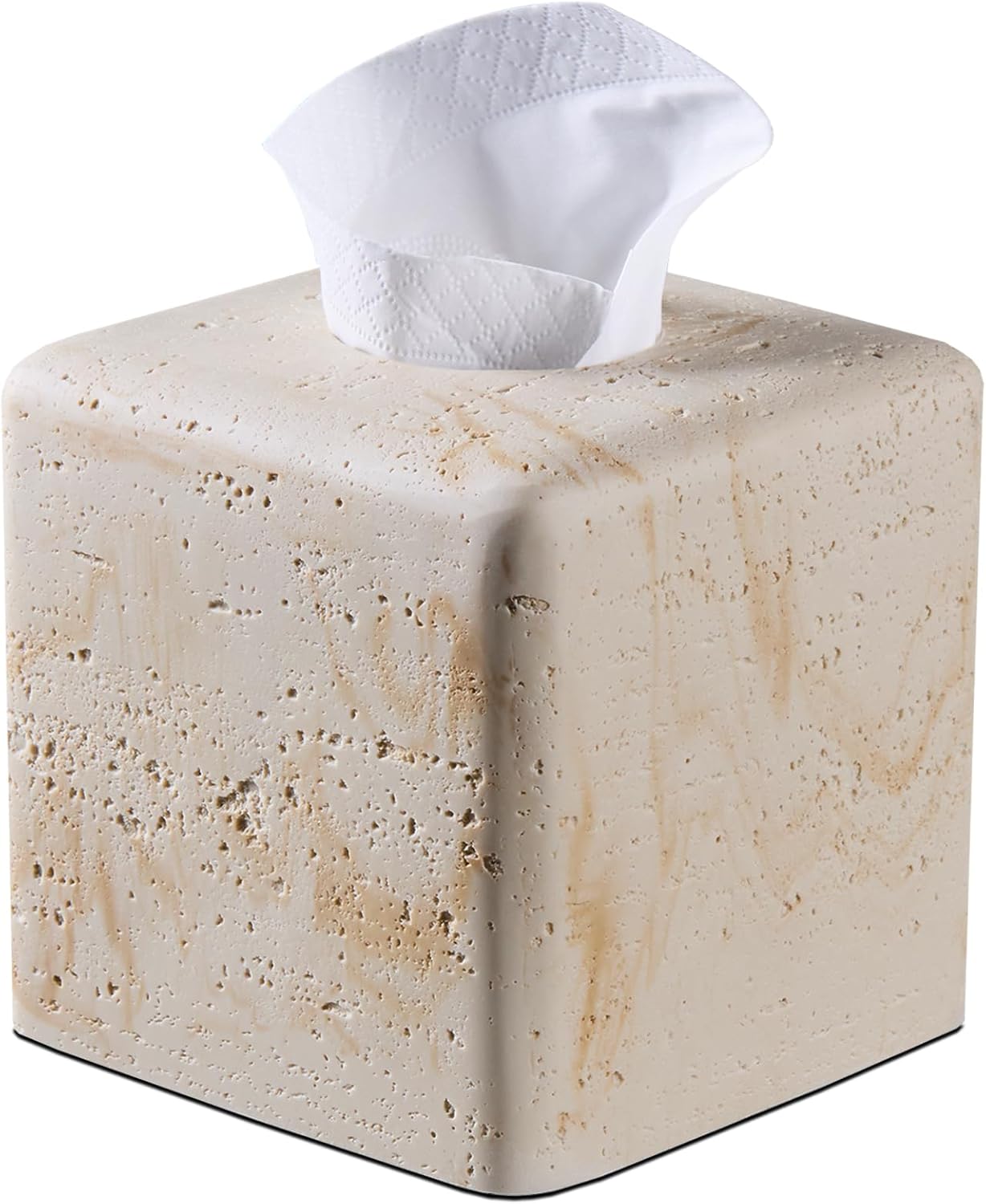 Natural Travertine Tissue Box Cover – Modern Resin Cube Holder for Bathroom, Bedroom, Office – Decorative Square Tissue Box for Countertop, Nightstand, Vanity & Desk – Heavy&Sturdy