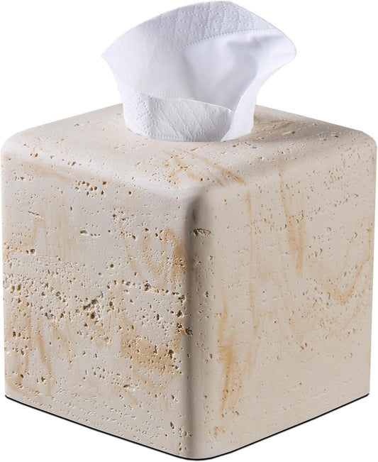 Natural Travertine Tissue Box Cover – Modern Resin Cube Holder for Bathroom, Bedroom, Office – Decorative Square Tissue Box for Countertop, Nightstand, Vanity & Desk – Heavy&Sturdy