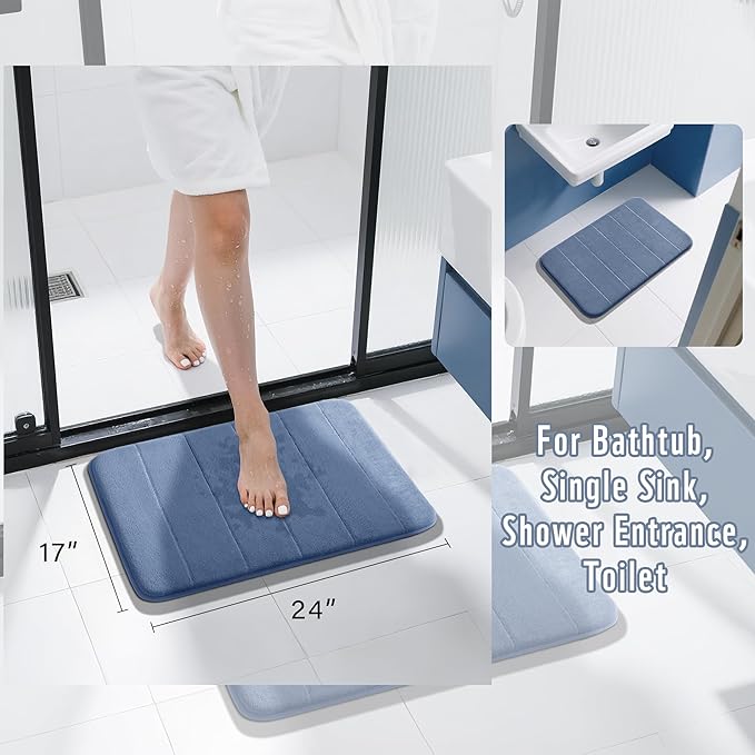 Yimobra Memory Foam Bath Mat, Super Soft Absorbent Bathroom Rug Non Slip, Quick Dry, Machine Washable Floor Carpet for Tub Shower, Home Decor Accessories, 24x17, Denim Blue