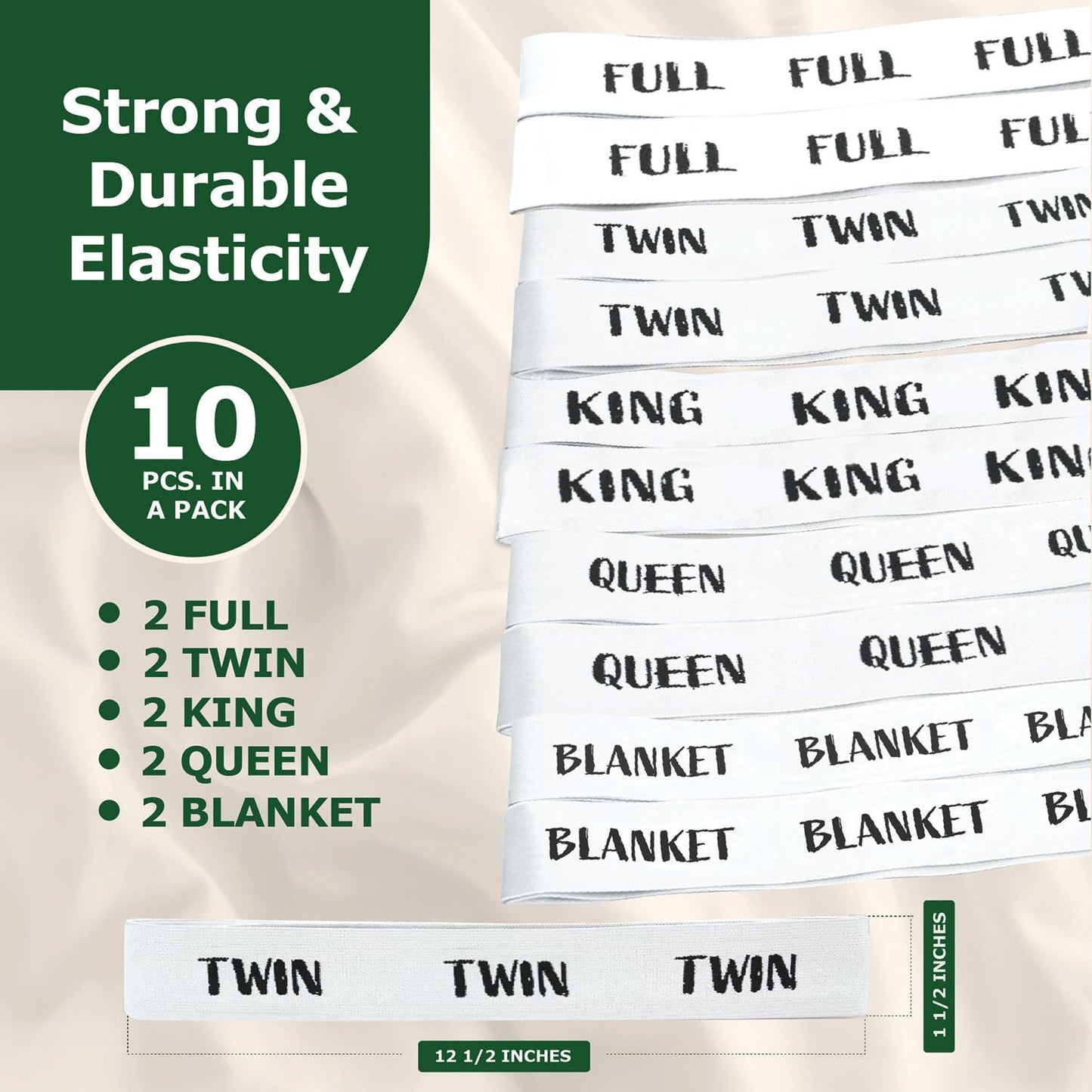 ECOHomes Bed Sheet Organizer and Storage Size Label Bands | Bed Sheets Set Organizers for Linen Closet Organization - Elastic Bedding Band Labels for Organizing Bedsheet (Mix 10 PCs Pack | White)