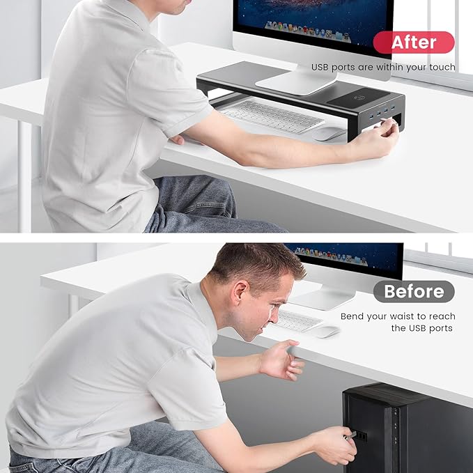 Vaydeer Wireless Charging and USB 3.0 Monitor Stand, Monitor Riser for Desk with Storage, Single Shelf Holder Raiser Organizer for Computer iMac Laptop PC Screen, Heavy Duty Gift Gaming Studio Office
