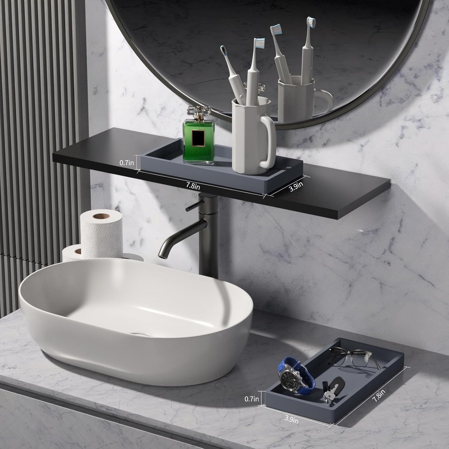 BBK Bathroom Vanity Tray 7.8 in - 2 Pack(Small) Silicone Bathroom Tray for Counter, Perfume Key Trinket Ring Tray, Decor Soap Dispenser Countertop Tray for Kitchen Sink Organization (Gray)