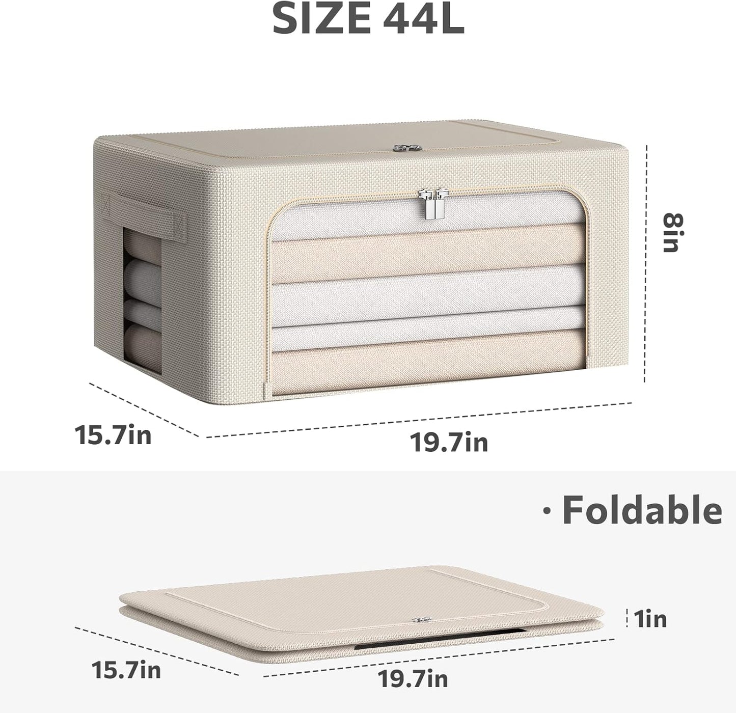 3Pack Frame Storage Box - Clothes Storage Bin Bags Oxford Fabric Foldable Stackable Container Organizer Set with Clear Window & Carry Handles (Beige, Medium-44L)