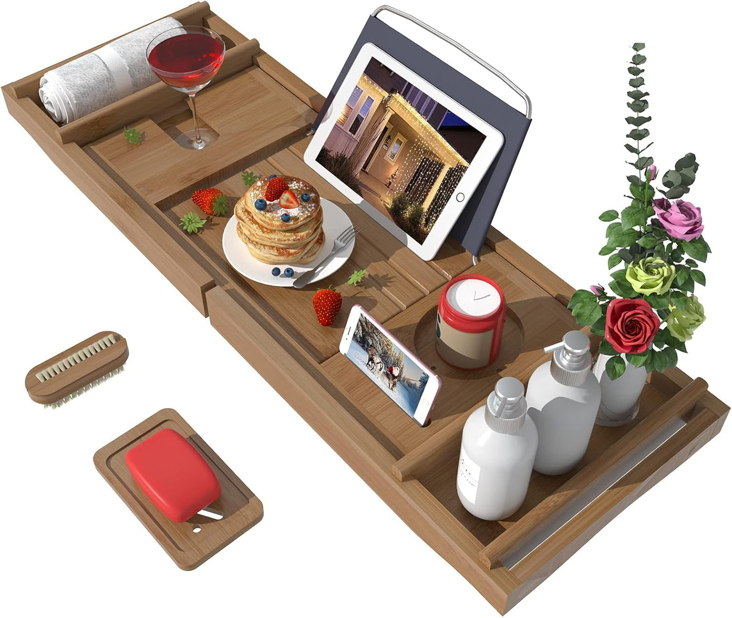 Bath Caddy Tray for Bathtub - Bamboo Adjustable Organizer Tray for Bathroom with Free Soap Dish Suitable for Luxury Spa or Reading(Walnut)