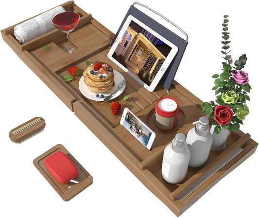 Bath Caddy Tray for Bathtub - Bamboo Adjustable Organizer Tray for Bathroom with Free Soap Dish Suitable for Luxury Spa or Reading(Walnut)