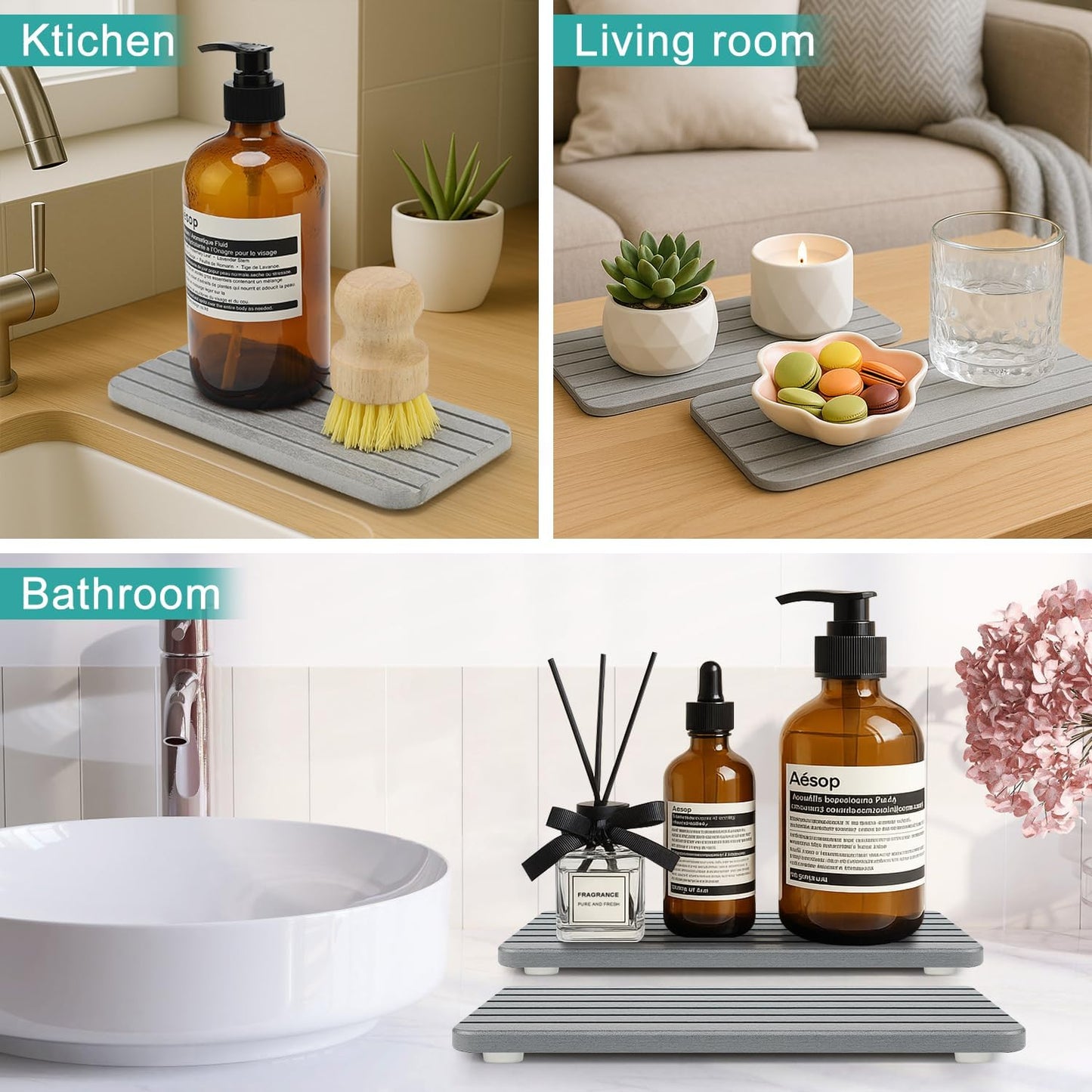 Diatomaceous Earth Dish Drying Mat for Kitchen Sink Bathroom Counter Trays Water Absorbing Stone Drying Tray Diatomite Soap Dish Coasters Absorbent Stone Quick Dry Sink Trays Kitchen Accessories