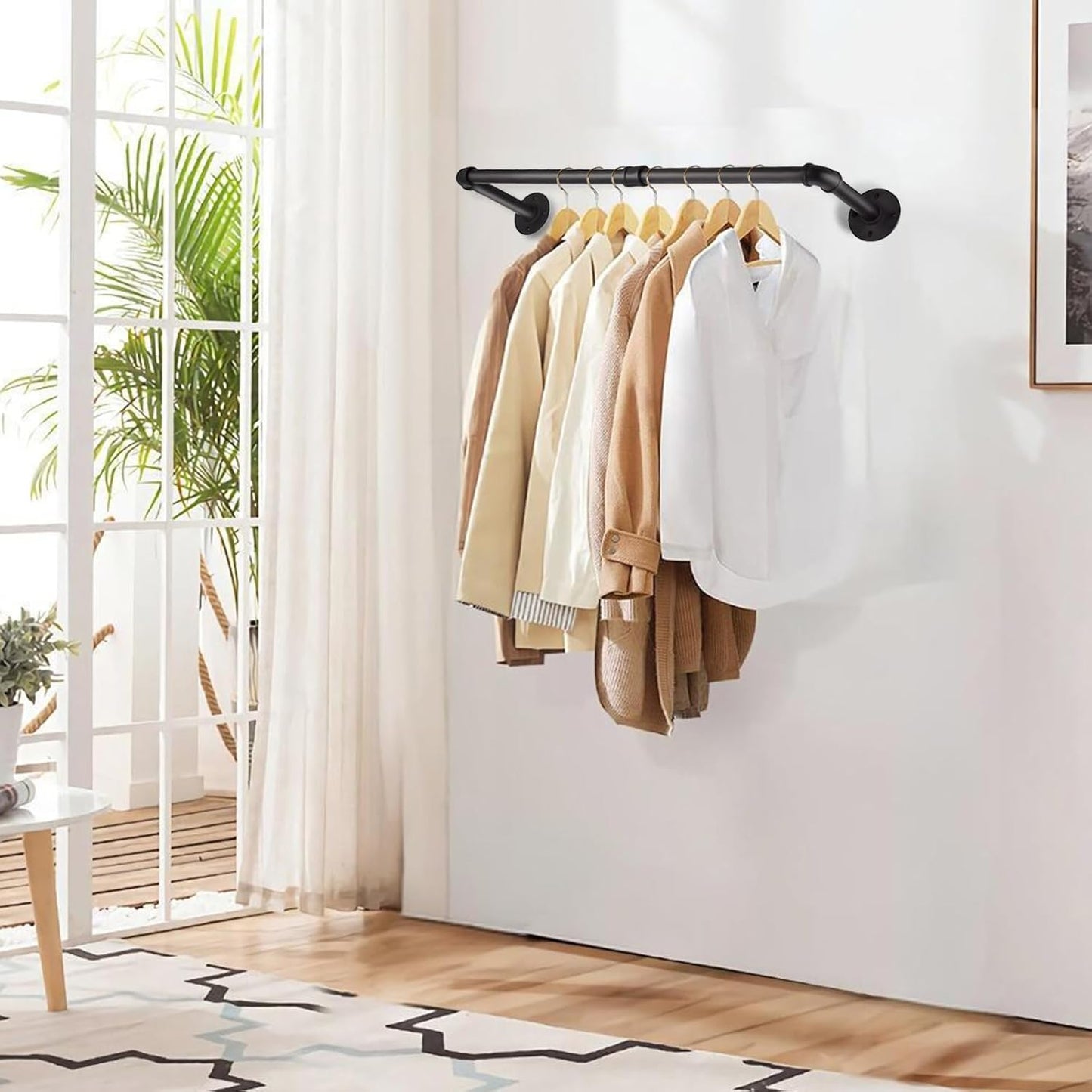 Wall Mount Iron Clothing Rack, Black Steel Laundry Room Drying Rack, Space Saving Coat Closet, 50 lbs Capacity (36 x 11 in)