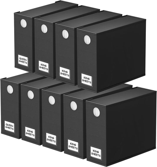 SpaceAid 9 Pack Bed Sheet Organizers and Storage, Foldable Sheet Organizer with Window for Linen Closet, Set Folder Keeper for Queen & King Size Bedding Storage (Black)