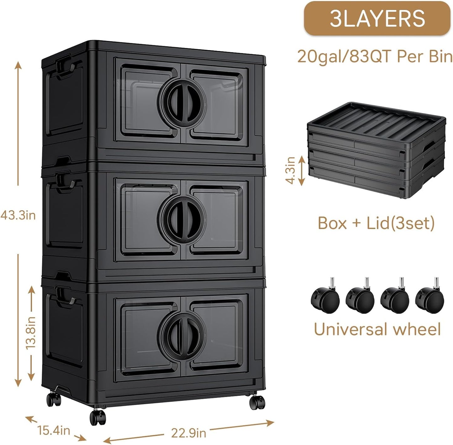 JEKO&JEKO 249Qt Lockable Stackable Storage Bins with Lids, Collapsible Closet Organizer with Wheels, Plastic Cabinet Drawer for Clothes, Dorm Room 3 Pack (Black)