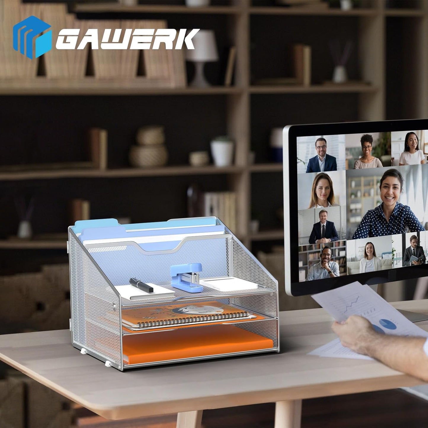 Letter Tray Organizer, Mesh Desk File Organizer with 3 Paper Trays and 2 Vertical Upright Section (Silver)