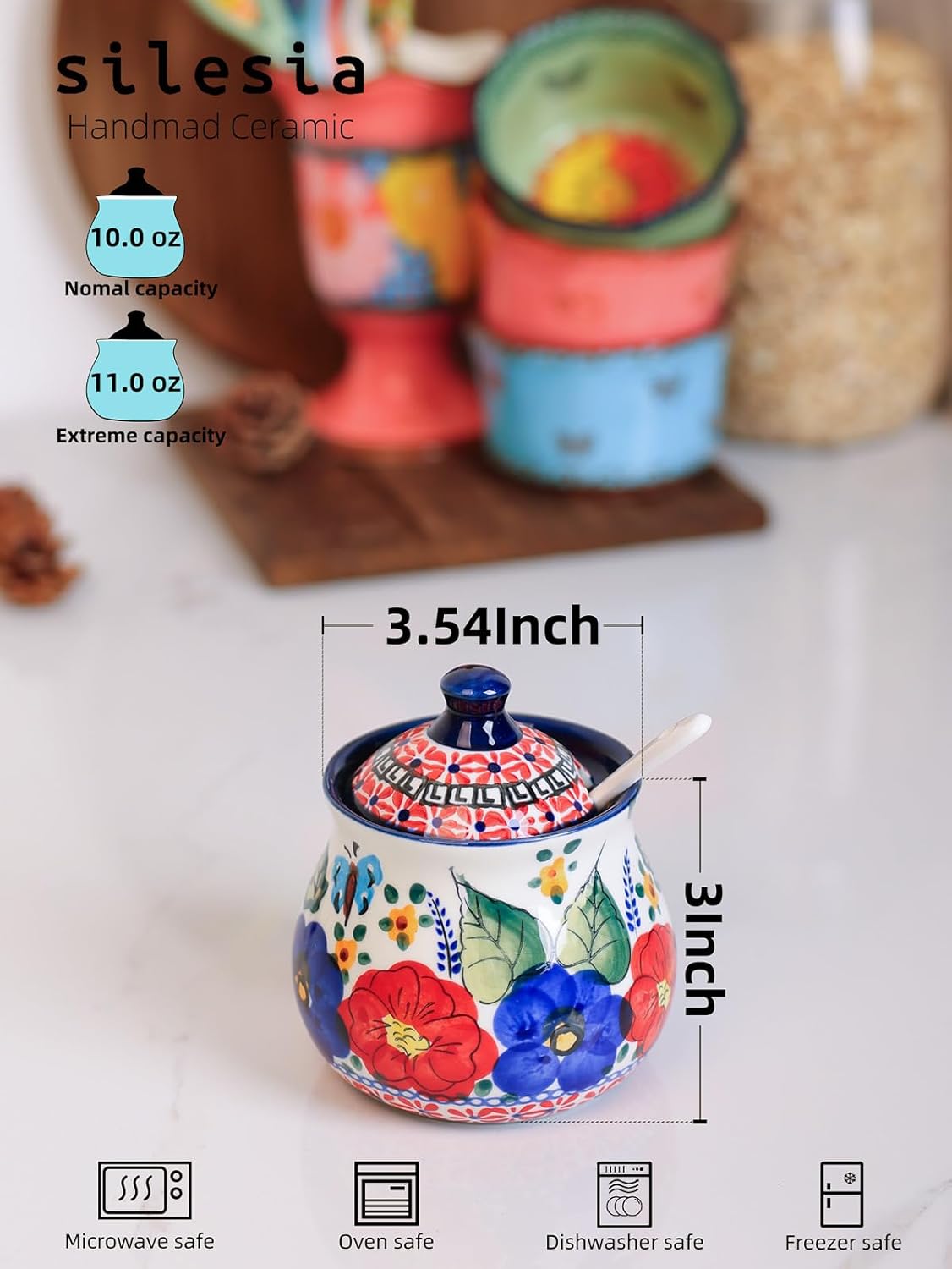 silesia Handmade Sugar Bowl with Lid and Spoon, 9 Ounce Ceramic Hand-Painted Sugar Jar for Home in Gift Box, Kitchen Decor, Oven, Dishwasher & Microwave Safe, Polish Garden