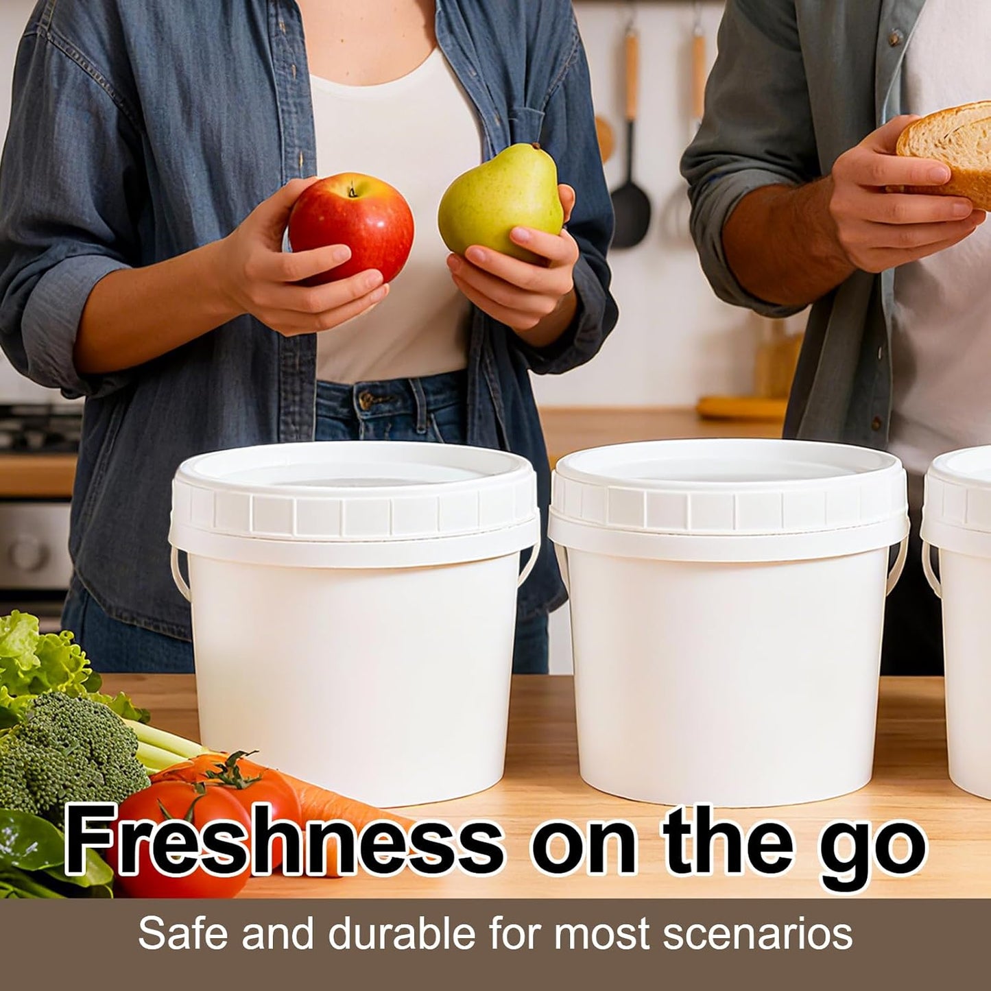 4 Pack 1 Gallon Plastic Buckets with Screw Lids & Handle, Food Grade Storage Containers for Kitchen, Freezer - Reusable White Plastic Bucket Set