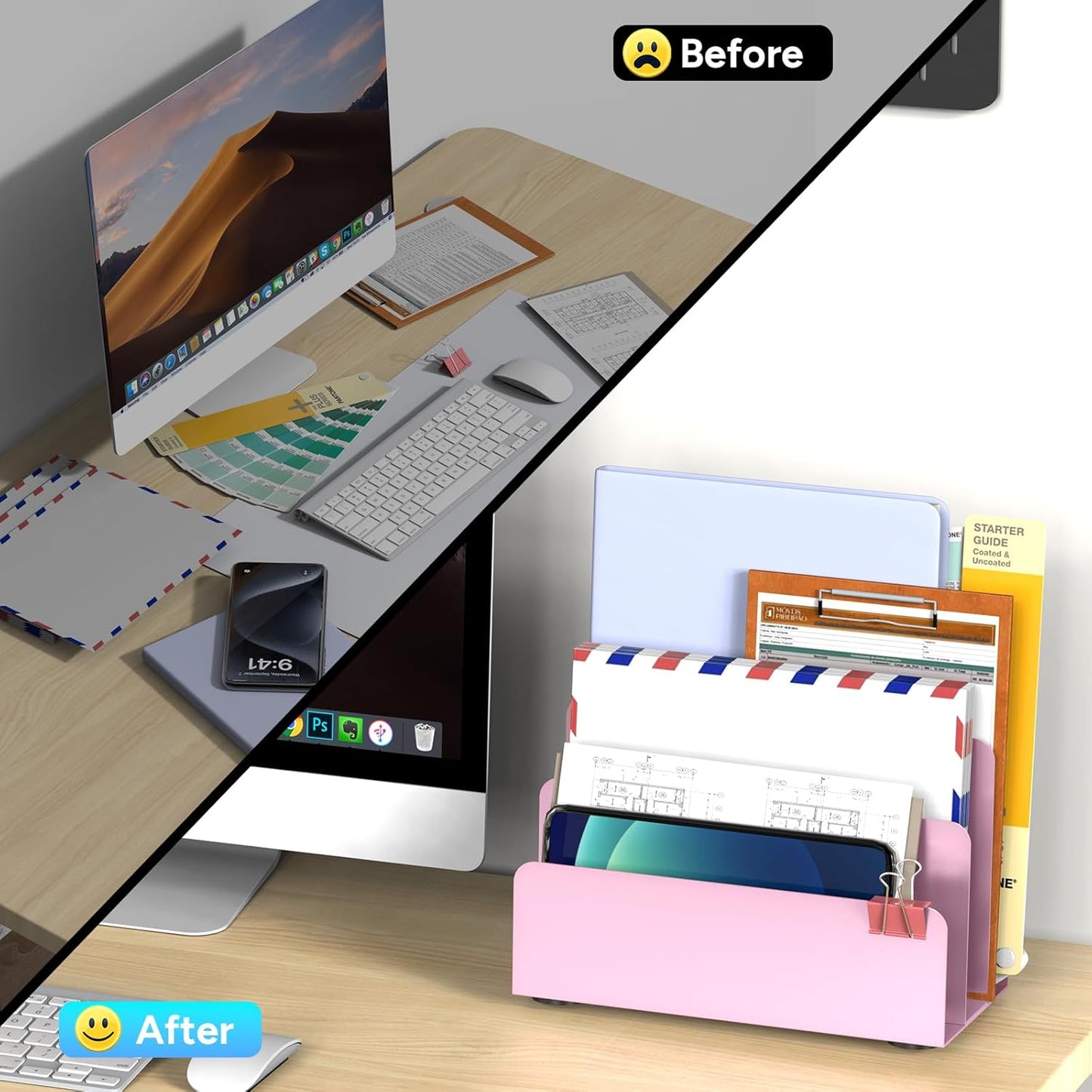 Mail Organizer Countertop, Small Desk File Organizer, Metal File Holder - Essential Workspace Organizers for Office Desk, Home Office (Pink)