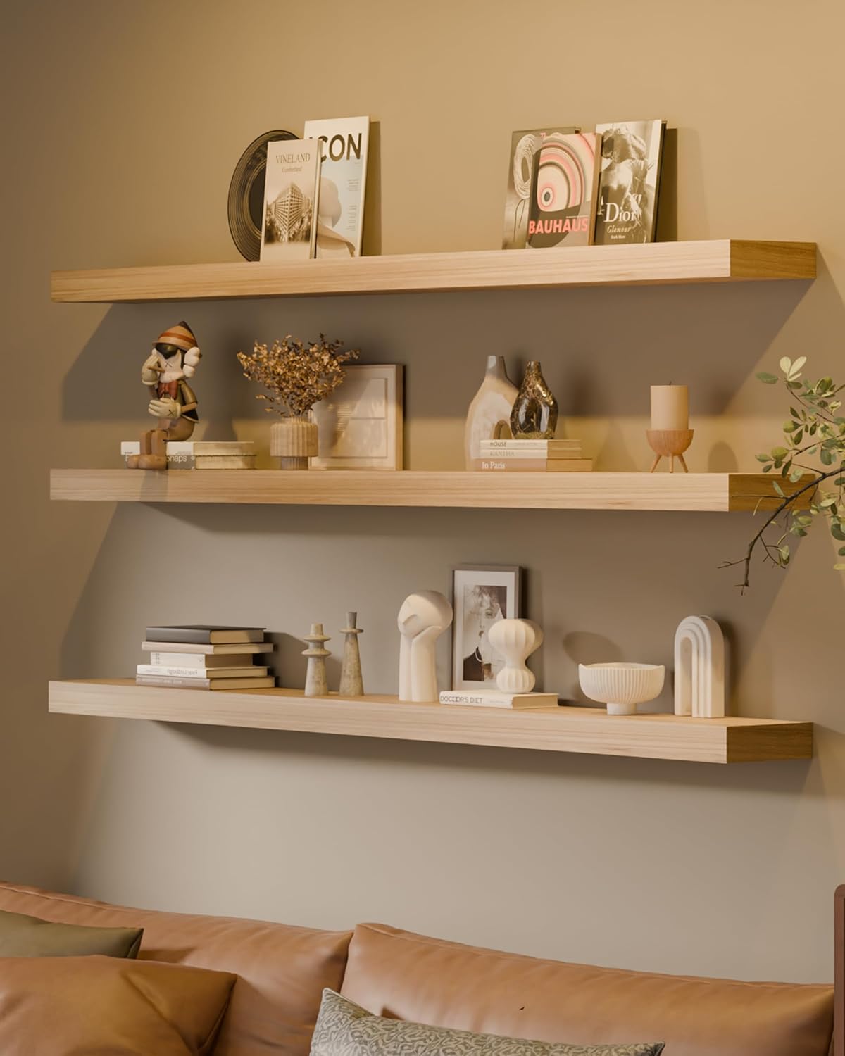 Floating Shelves for Wall, 72 Inch Extra Long Brown Wall Shelves, Set of 3, Hanging Invisible Brackets Floating Shelves for Living Room,Bedroom,and Kitchen (Light Brown, 3T72IN)