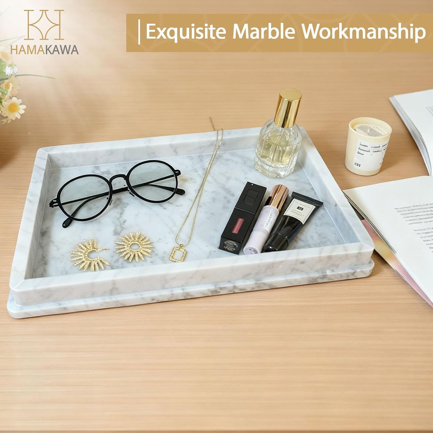 Natural Marble Rectangle Sink Tray L 12 x W 8 x H 1.37 Inch, Carrara White Limestone Bathroom Vanity Tray, Modern Countertop Organizer, for Soap Dispenser, Kitchen, Home Decor