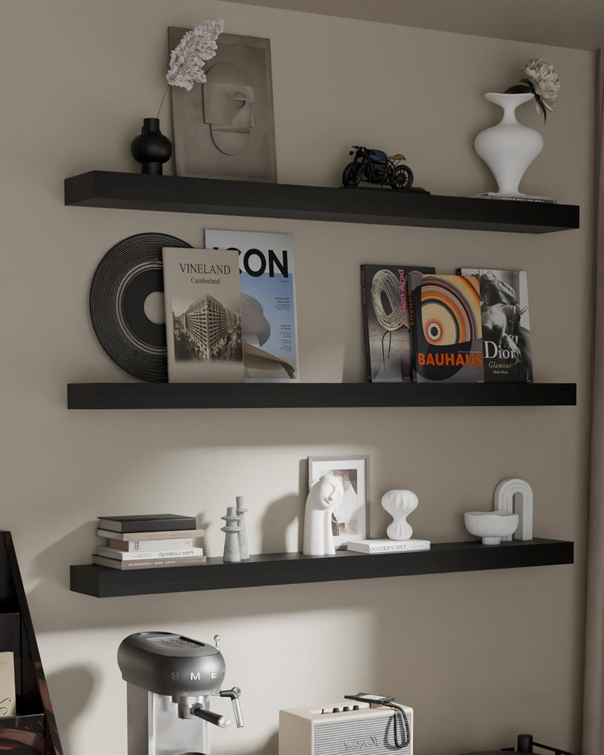 Floating Shelves for Wall, 48 Inch Extra Long Black Wall Shelves, Set of 3, Hanging Invisible Brackets Floating Shelves for Living Room,Bedroom,and Kitchen