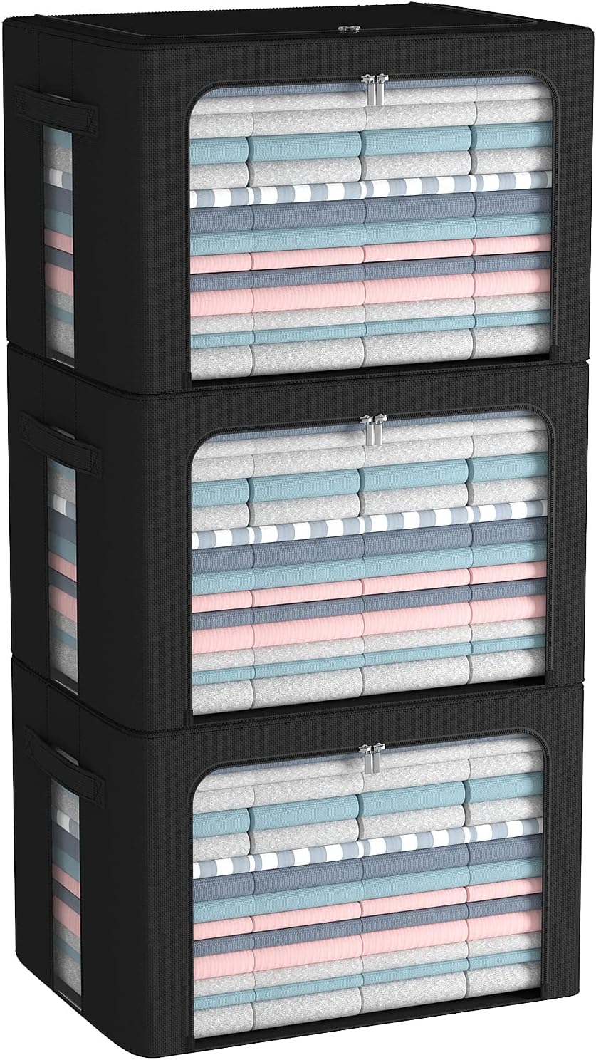 3Pack Frame Storage Box - Clothes Storage Bin Bags Oxford Fabric Foldable Stackable Container Organizer Set with Clear Window & Carry Handles (Black, Large-66L)