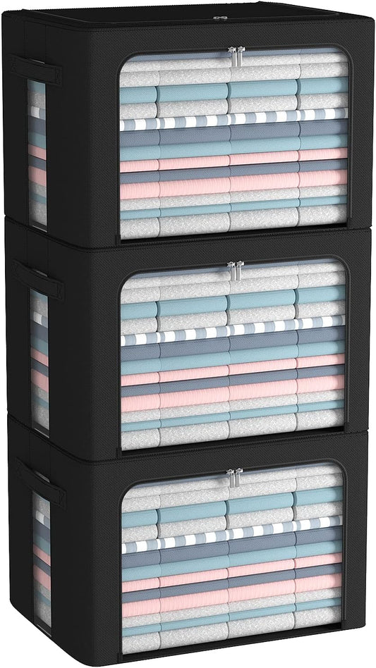 3Pack Frame Storage Box - Clothes Storage Bin Bags Oxford Fabric Foldable Stackable Container Organizer Set with Clear Window & Carry Handles (Black, Large-66L)