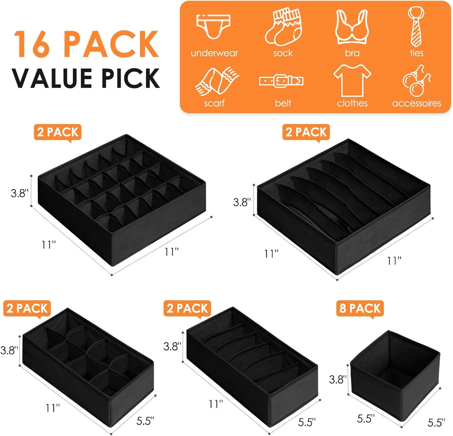 Drawer Organizer Clothes, 16 Pack Dresser Organizer Bins for Baby Clothes, Underwear Sock, Fabric Closet Organization and Storage Dividers for Nursery Bedroom (96 Compartments, Black)