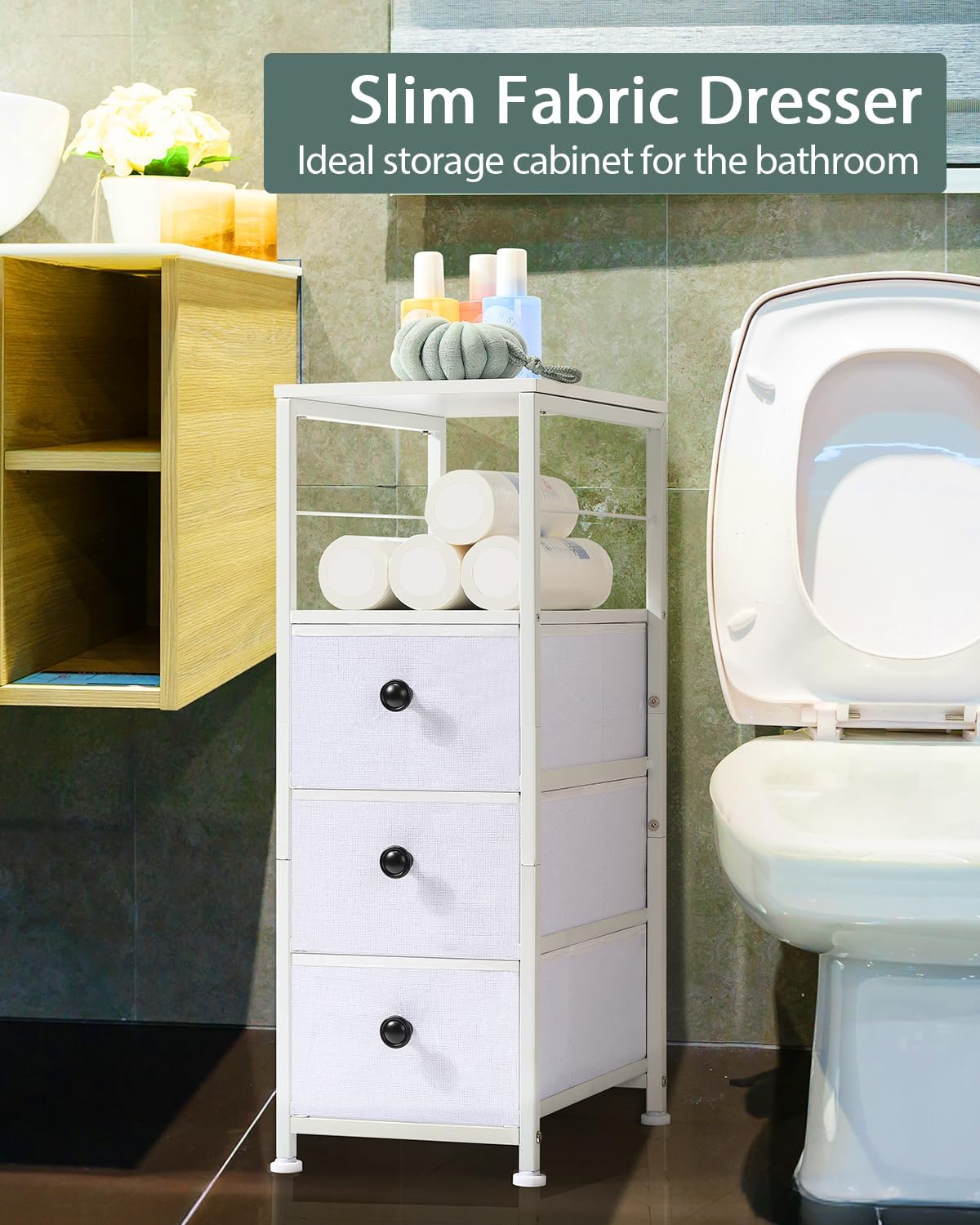 MOOACE Narrow Dresser for Bathroom, Slim Dresser Storage Cabinet, Chest of 3 Fabric Drawers with Wood Shelf, Bedroom Organizer Tower for Small Space, Closet, Laundry, White