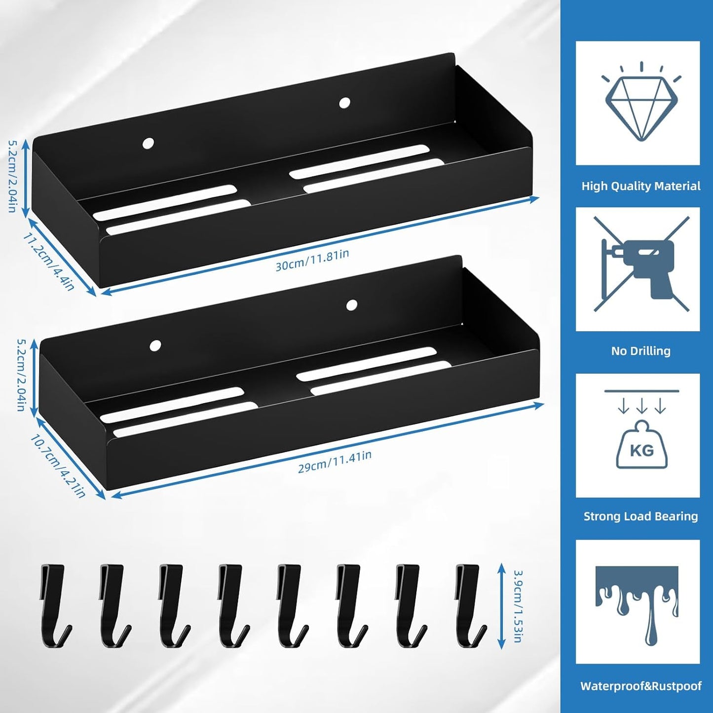 Shower Caddy Adhesive, 2 Pack Large Capacity Rustproof Shower Shelves, No Drill Bathroom Shelf with 8 Hooks, Stainless Steel Shower Organizer Rack, Black