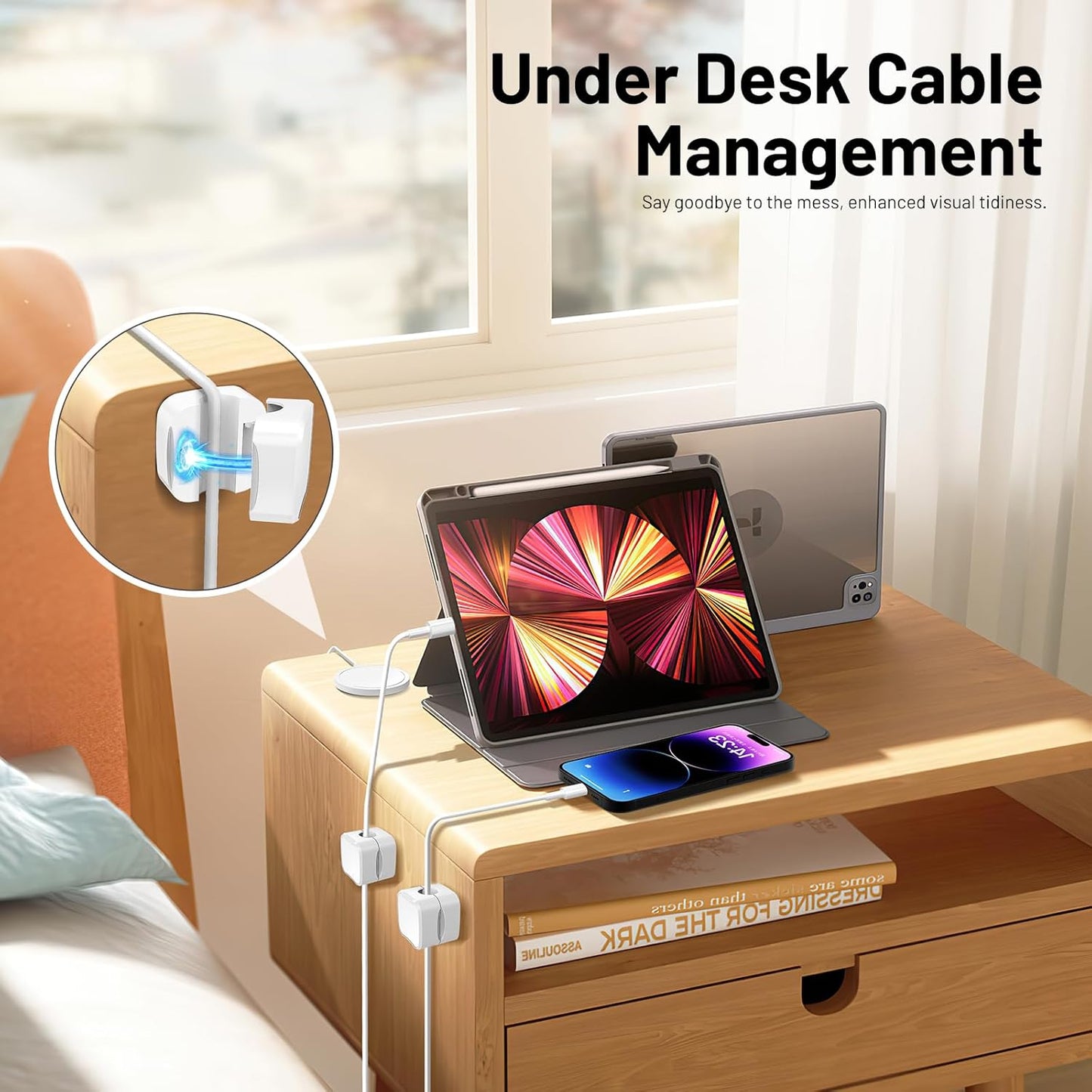 6 Pack Magnetic Cord Holder, Znben Cable Clips White Cord Organizer Holder Adhesive Cable Management Charger Wire Holder Clips for Desk, Car, Office, Home, Cubicle, Nightstand