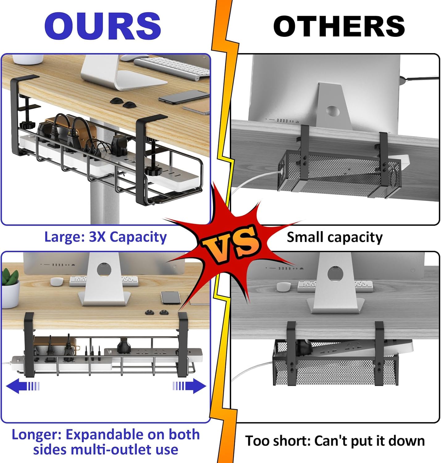 Under Desk Cable Management Tray, 31.5'' No Drill Steel Cable Tray Organizers, Wire Management Tray Cable Rack with Clamp Mount, Metal Under Desk Tray with Wire and Cord Organizer (Black, 2 Pack)