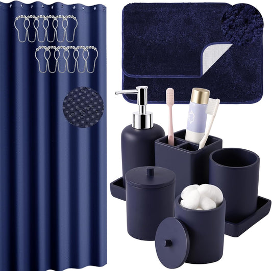 21 Pcs Bathroom Accessory Set with Waterproof Shower Curtain and Non Slip Mat,Resin Bath Set with Toothbrush Holder and Lotion Soap Dispenser,Bathroom Countertop Organizer Set for Home Apartment
