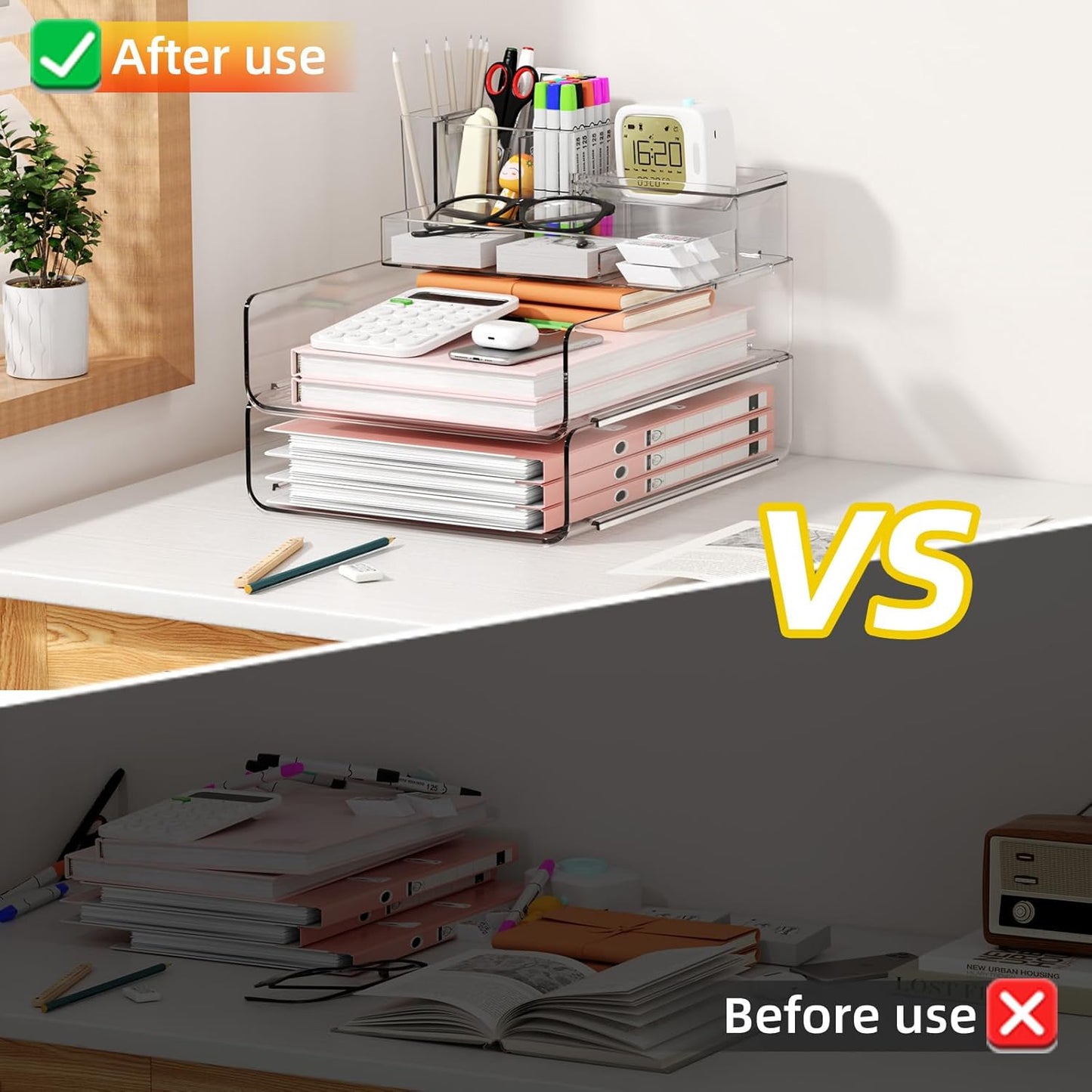 YKLSLH Paper Organizer Letter Tray - Acrylic Stackable Desk File Organizer with 5-Gird Tray and Pencil Holder, Clear Paper Sorter Office Organizer for Letter/A4, Office File Ipad Books Notes Etc