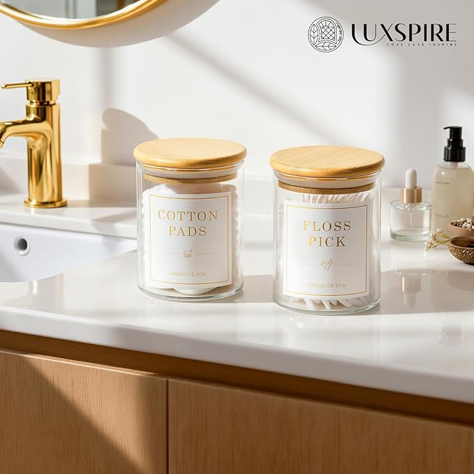 Luxspire 2 Pack Glass Qtip Holder Dispenser, 13.4 oz Cotton Swab Holder with Bamboo Lids, Glass Apothecary Jars Bathroom Accessories Canisters for Cotton Swabs, Balls, Pads, Floss Picks