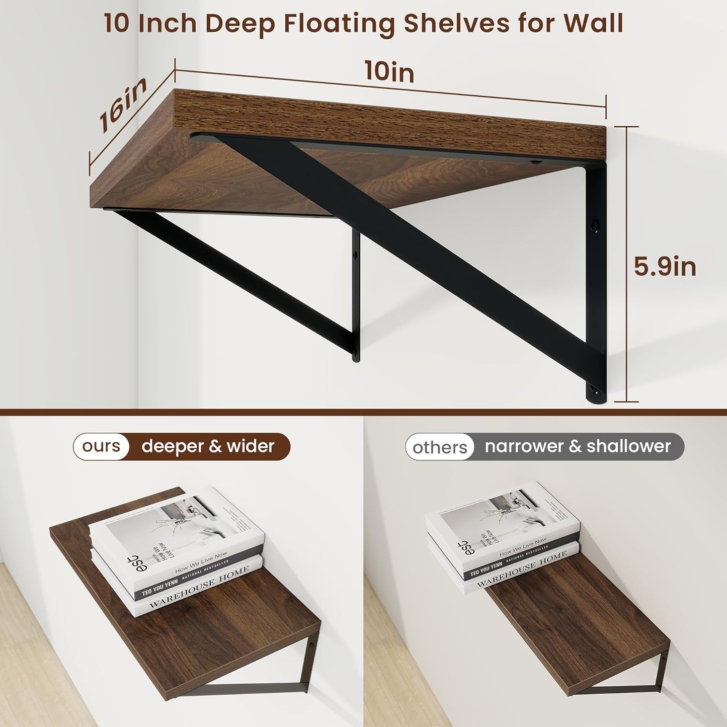 Axeman Deep Floating Shelves for Wall - 10 Inch Deep Floating Shelves Set of 2-16" W x 10" D Walnut Wall Shelves for Living Room Bathroom Bedroom