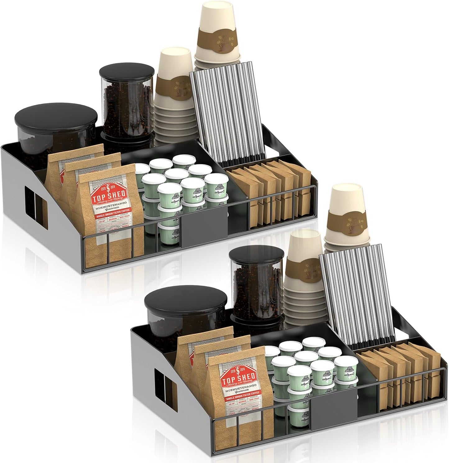 Metal Coffee Station Organizer for Countertop, 2-Pcs Coffee Bar Organizer with Designable DIY Logo, K Cup Pods Holder & Tea Condiment Storage - Rustic Breakroom Kitchen Decor Balck