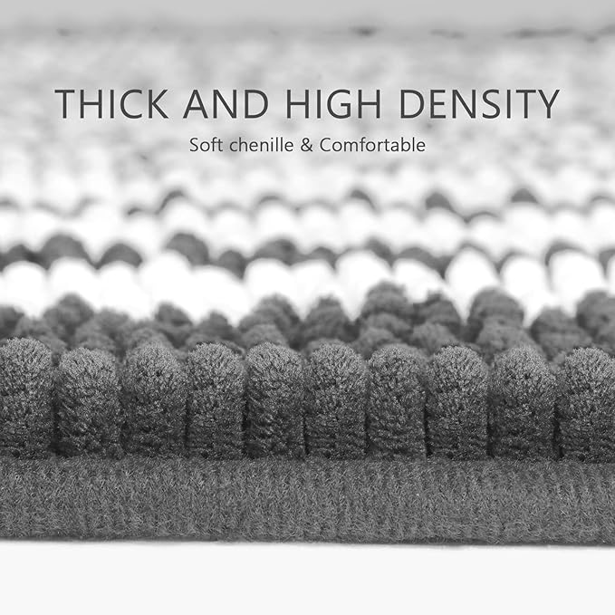 Tindbea Bathroom Rugs Set 2 Piece, Extra Soft and Absorbent Fluffy Striped Chenille Bath Mat Rug Set, Non Slip Bathroom Floor Mat, Machine Washable (20" x 32" Plus 16" x 24", Dark Gray)