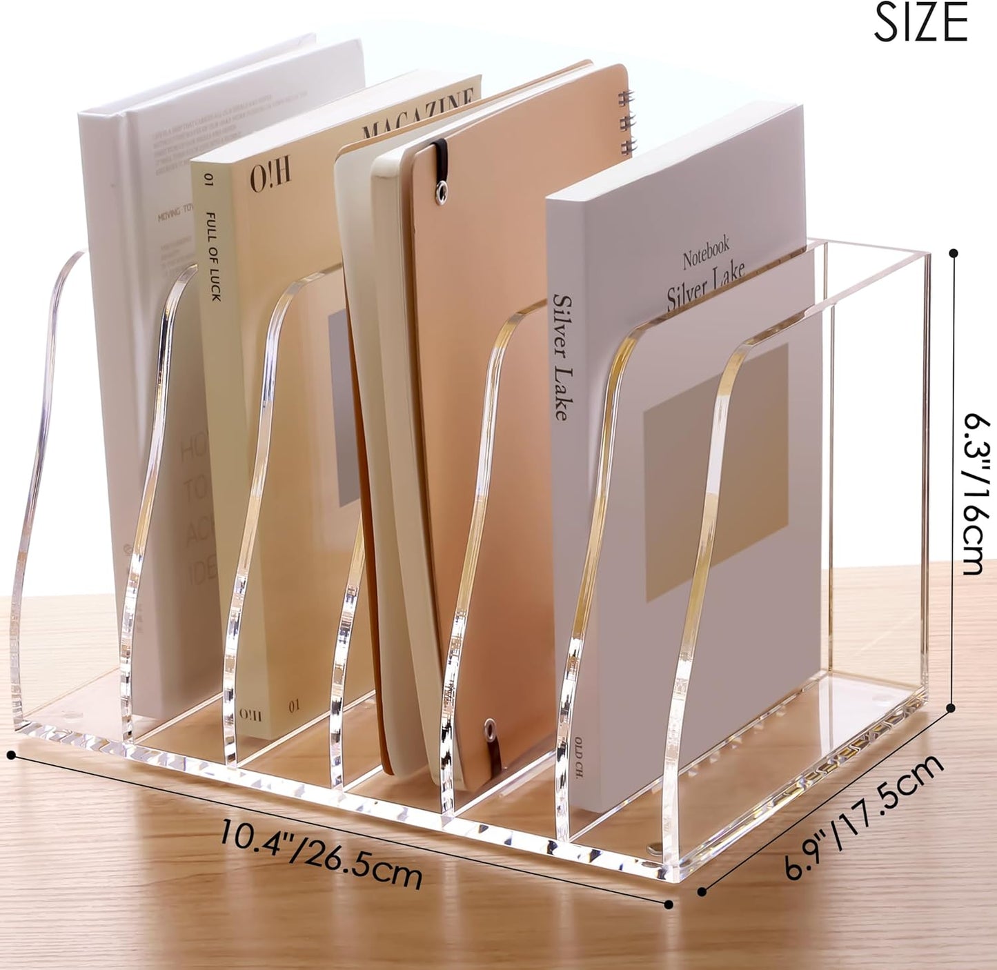 SANRUI Acrylic File Organizer, Compact Desk Organizer for Folders, Binders, Notebooks, Envelopes, Vertical Binder Storage Organizer, 6 Section Bookshelf for School Home Office Organization