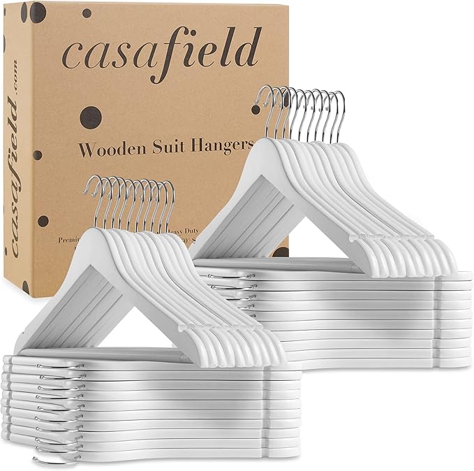 Casafield - 40 White Wooden Suit Hangers - Premium Lotus Wood with Notches & Chrome Swivel Hook for Dress Clothes, Coats, Jackets, Pants, Shirts, Skirts