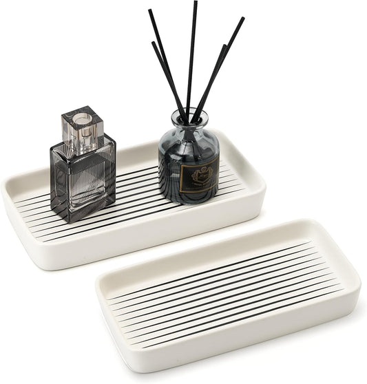 Bathroom Vanity Tray for Countertop,2PC Rectangle Striped Tray,Decorative Bathroom Organizer for Scrubber, Lotion Bottles, Perfume, Jewelry, Candle, Key Trinket Ring(Small,White)