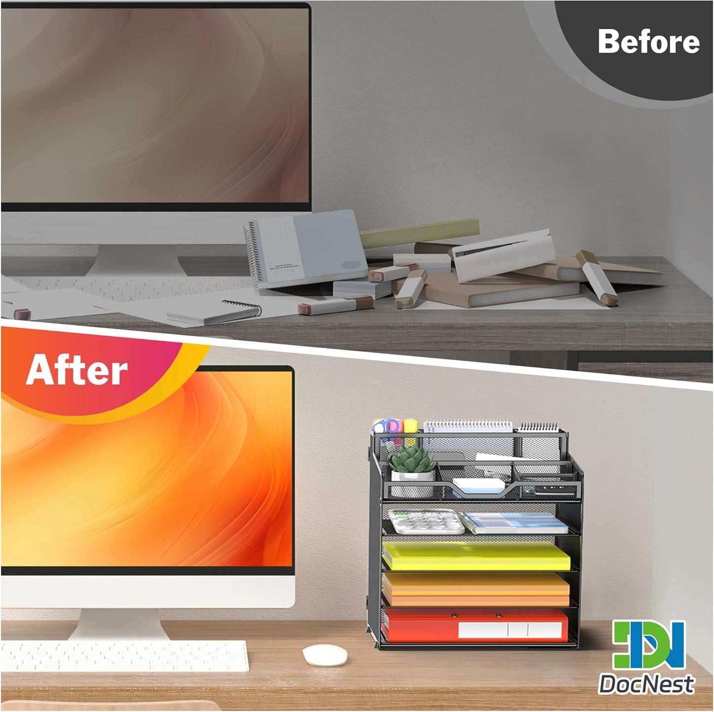 Docnest 5 Tier Mesh Desk Organizer for Paper Office Supplies – Multi-Functional Letter Tray with 5 Adjustable Compartments, 3 Pen Holders, Desktop Storage for Files, Mail, Stationery – Black